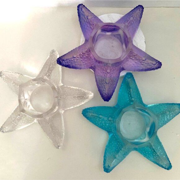 Coastal Starfish Glass Candle Holder Purple Blue Clear Votive TeaLight Nautical - Picture 3 of 8